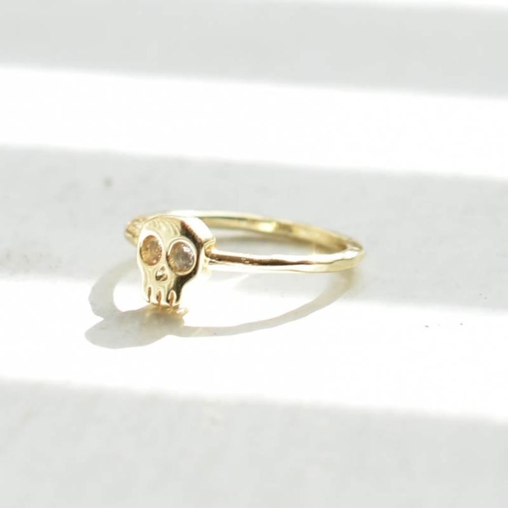 14k Gold Filled Vermeil Crystal Hollywood Forever Skull Ring - Picture 5 of 17